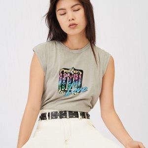 Maje Sleeveless Tee Teo Taupe Beige Graphic Muscle Shirt NWT